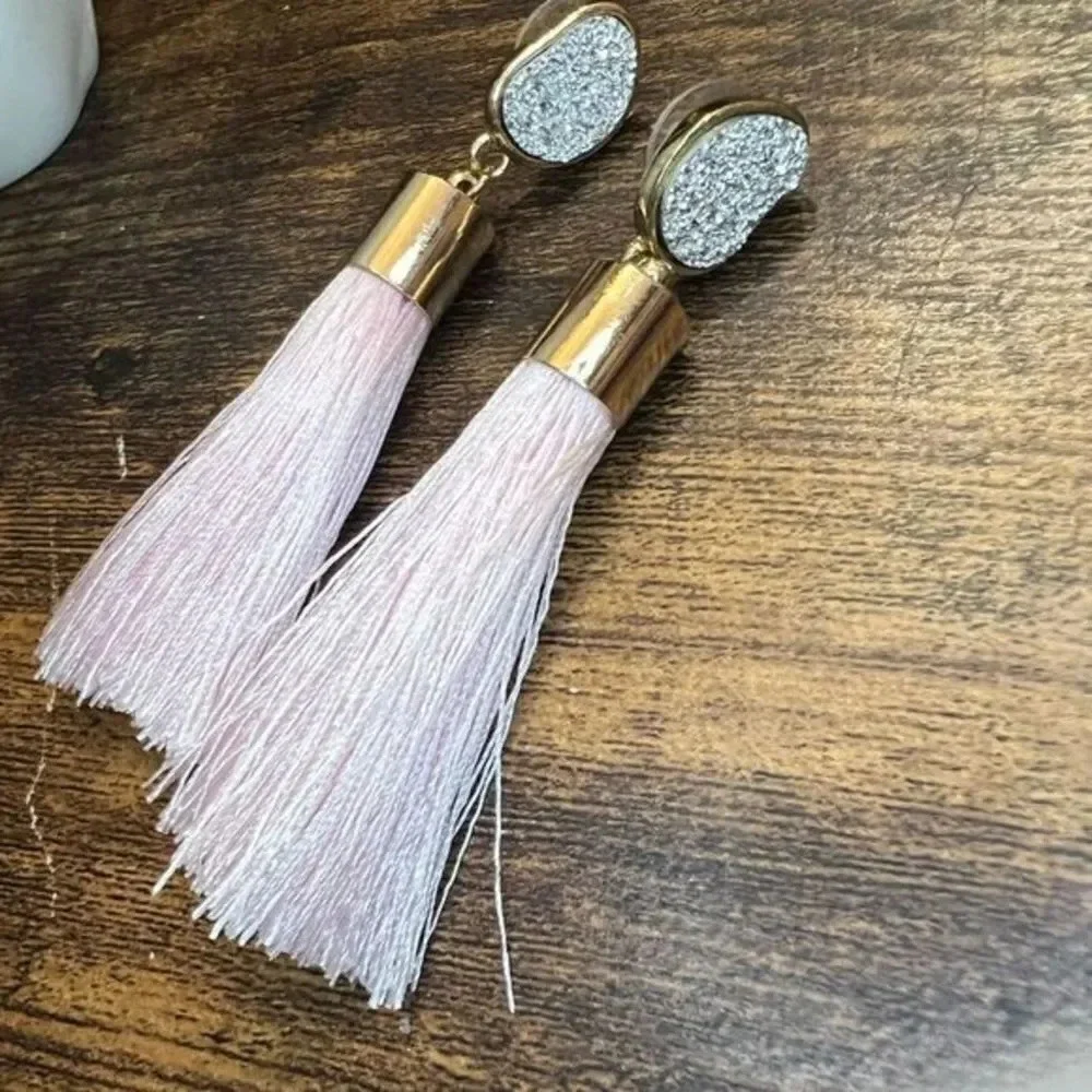 Rhinestone and Pink Tassel Dangle Earrings